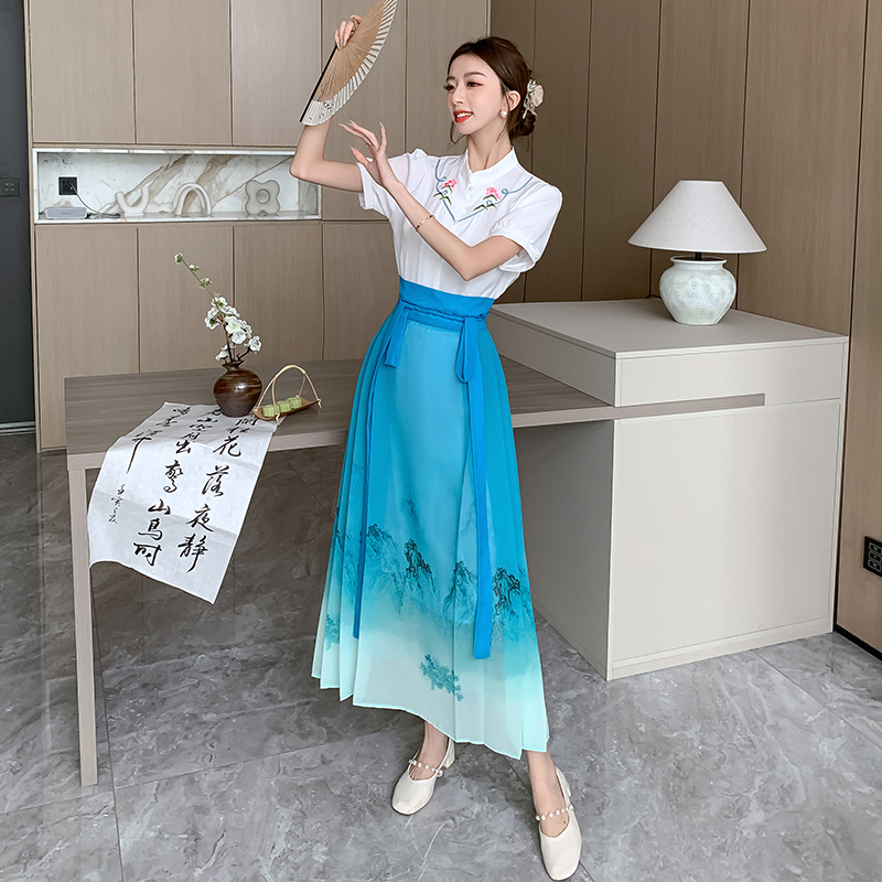 Chinese style horse-face skirt shirt a set for women