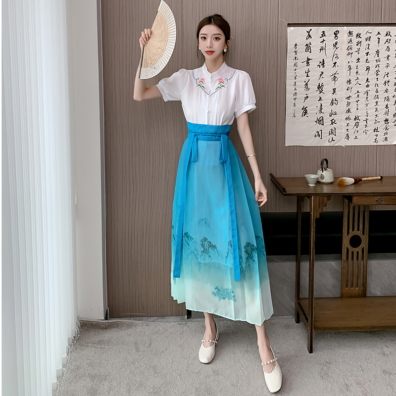 Chinese style horse-face skirt shirt a set for women