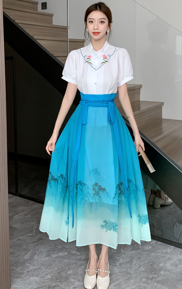 Chinese style horse-face skirt shirt a set for women