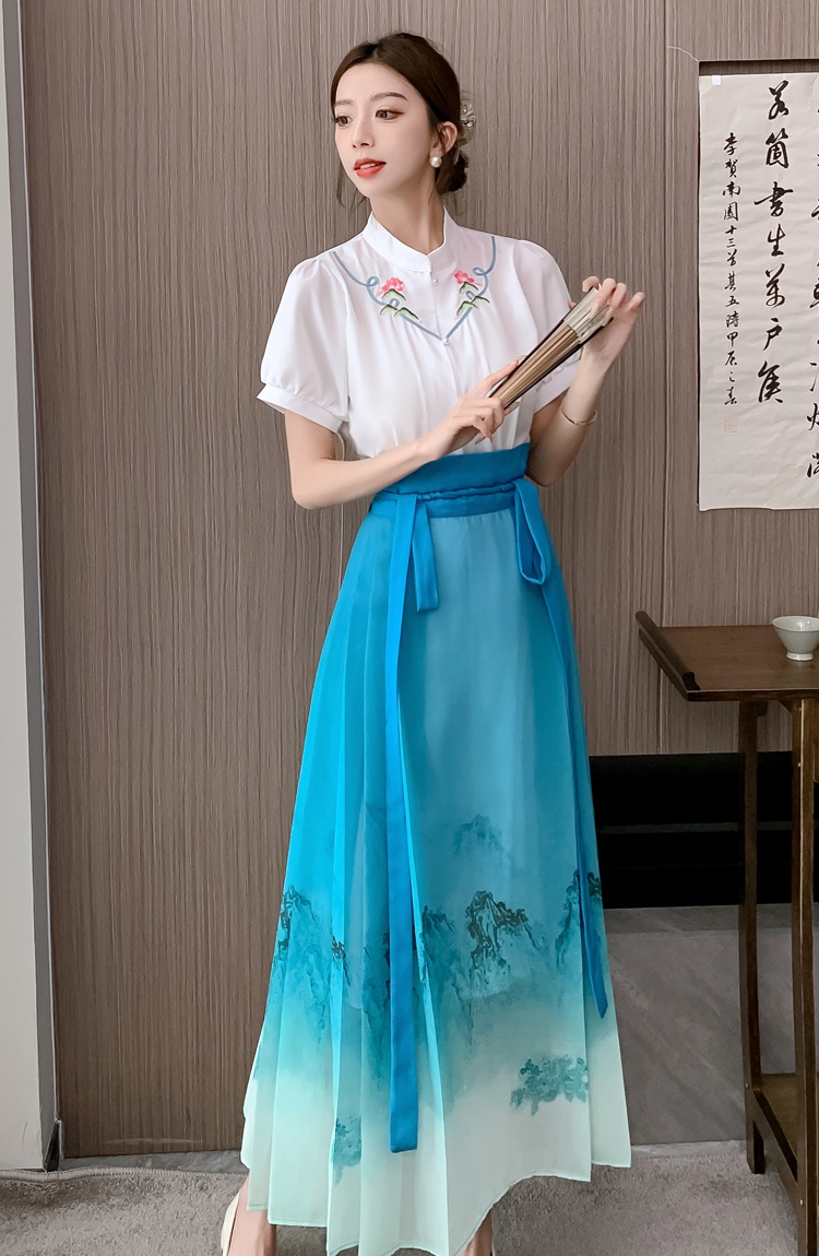 Chinese style horse-face skirt shirt a set for women