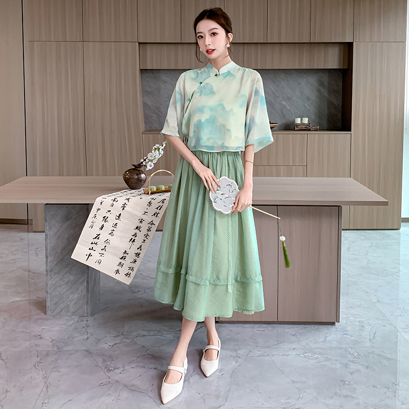 Chinese style dress summer cheongsam 2pcs set