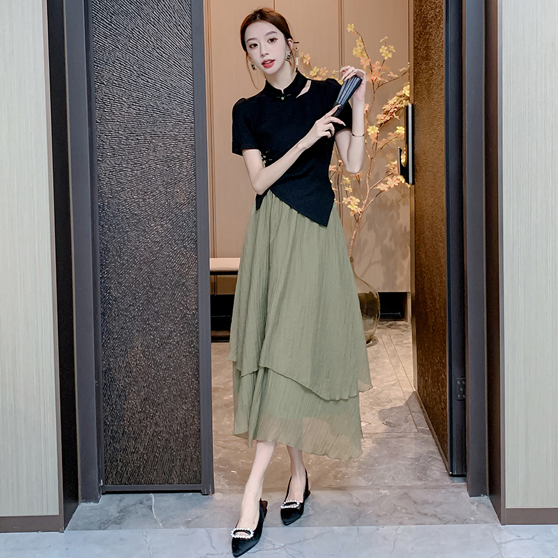 Slim summer skirt A-line irregular long dress 2pcs set