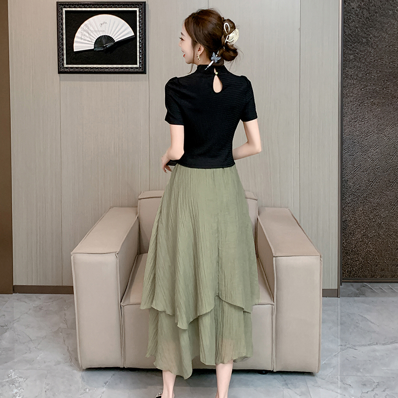 Slim summer skirt A-line irregular long dress 2pcs set