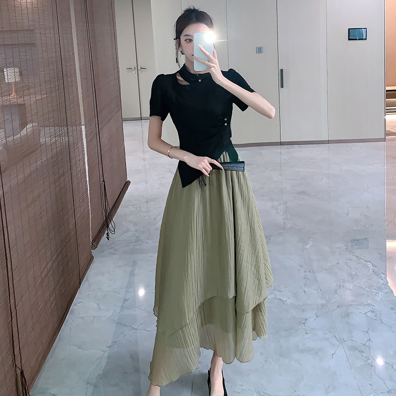 Slim summer skirt A-line irregular long dress 2pcs set