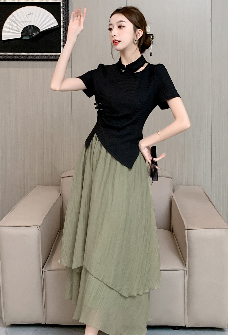 Slim summer skirt A-line irregular long dress 2pcs set