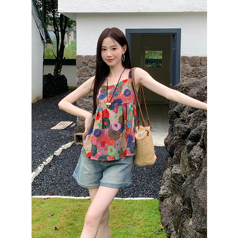 Floral sling tops summer printing small shirt