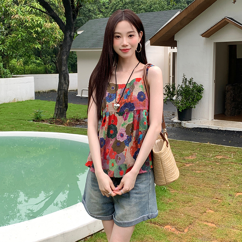 Floral sling tops summer printing small shirt