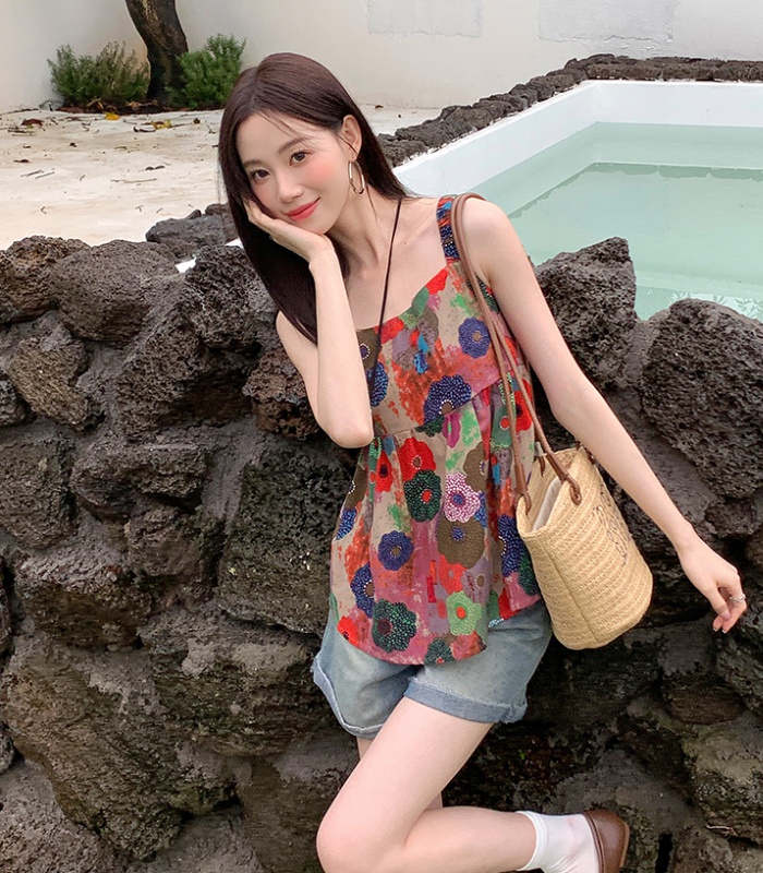Floral sling tops summer printing small shirt