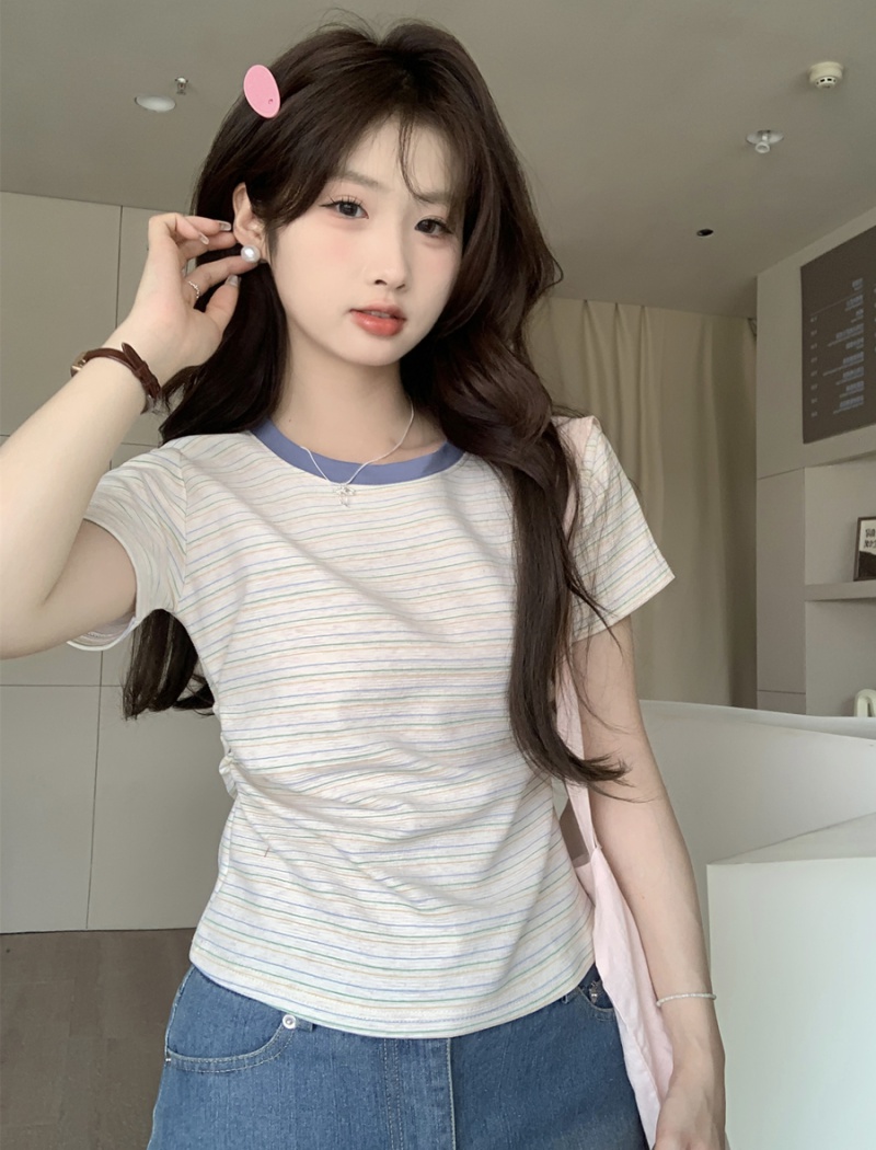 Stripe slim T-shirt short sleeve summer tops for women