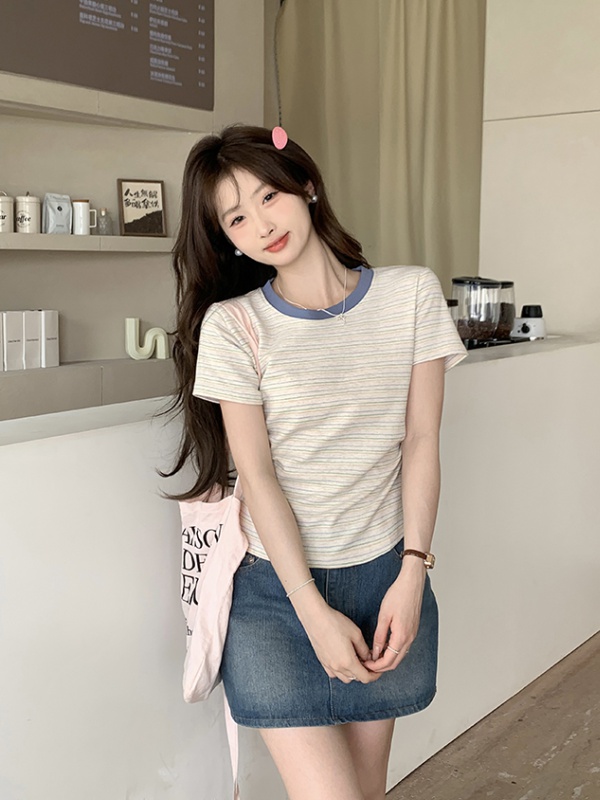 Stripe slim T-shirt short sleeve summer tops for women