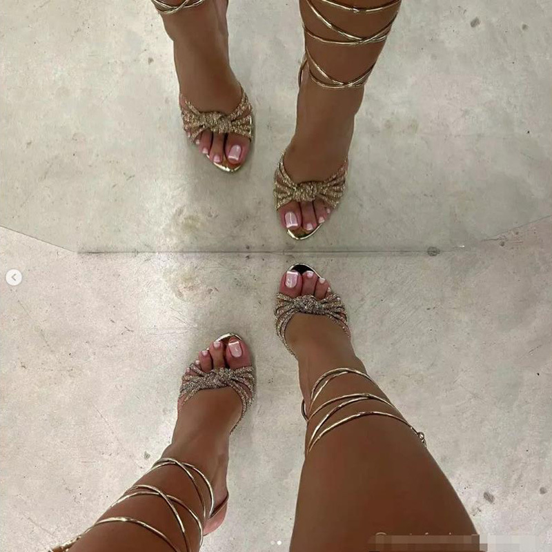 Rhinestone high-heeled bandage sandals for women
