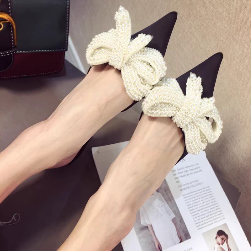 Pearl summer all-match fine-root rhinestone slippers for women