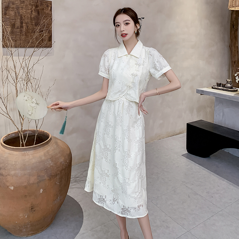 Unique retro plain jane Chinese style asymmetry skirt a set
