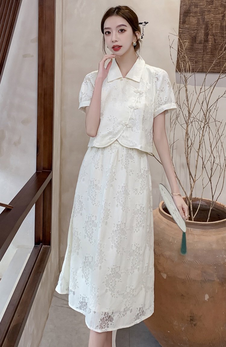 Unique retro plain jane Chinese style asymmetry skirt a set