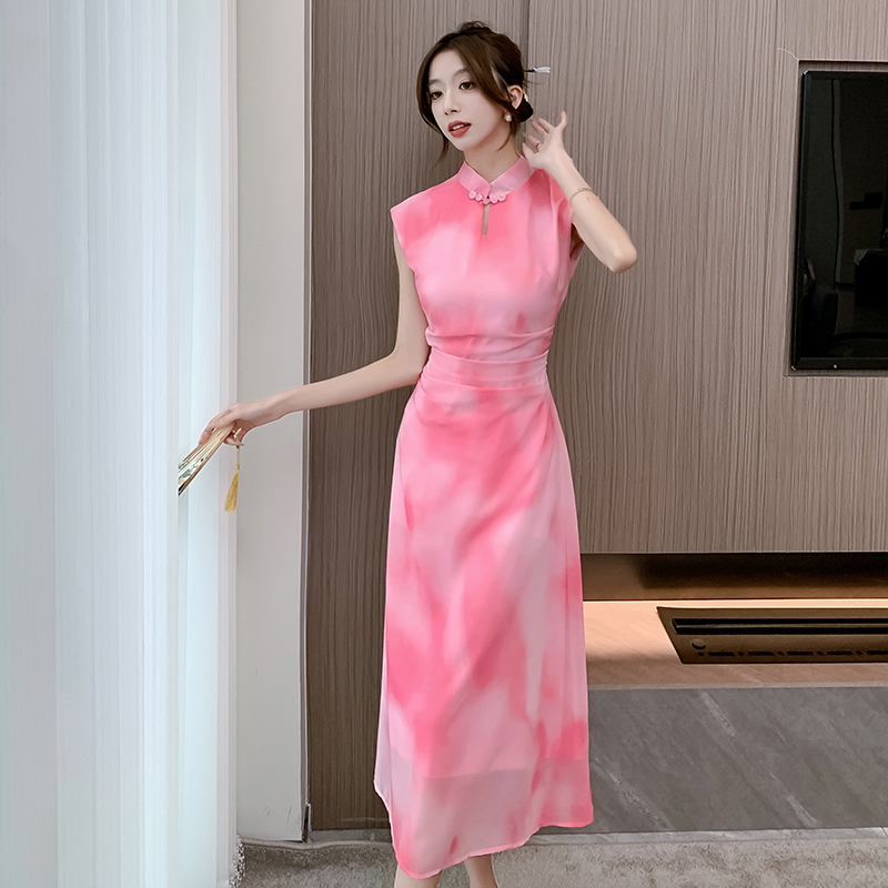 Retro summer long dress stand collar hollow dress