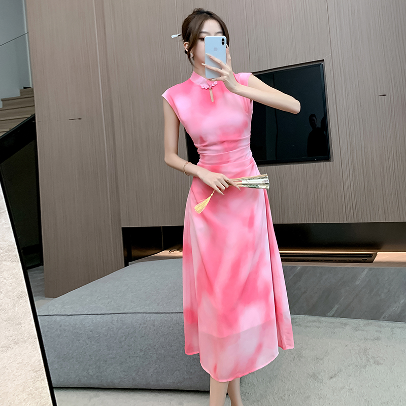 Retro summer long dress stand collar hollow dress