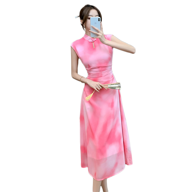 Retro summer long dress stand collar hollow dress