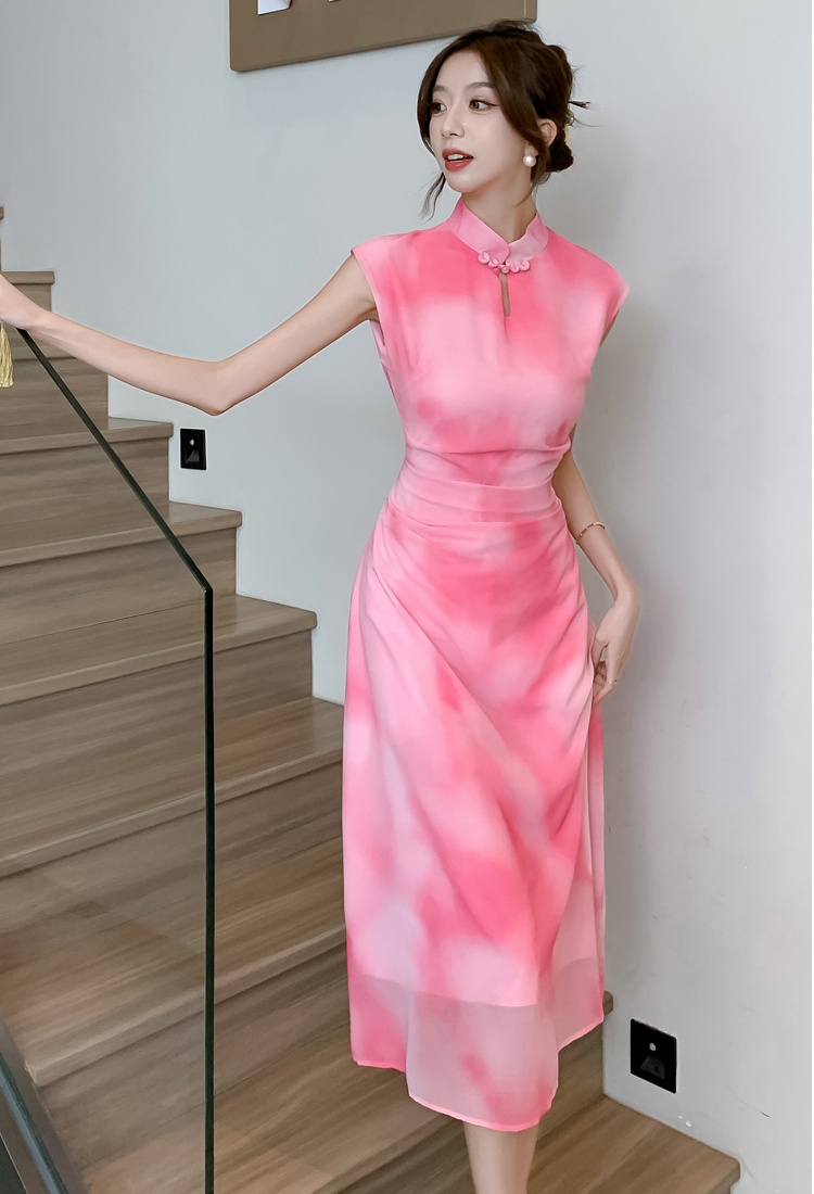 Retro summer long dress stand collar hollow dress