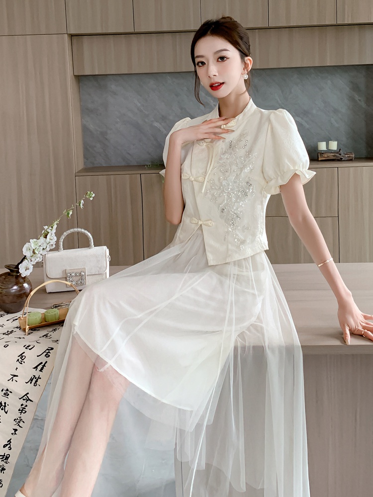 Beading Chinese style skirt summer gauze tops 2pcs set