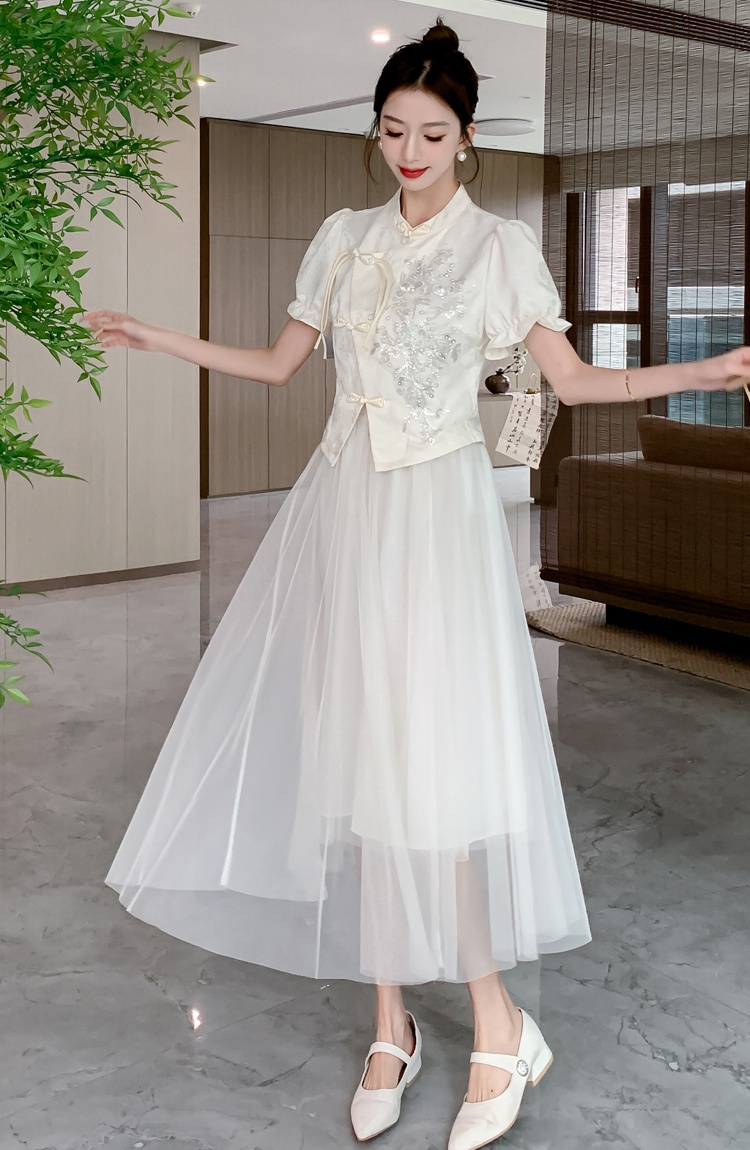 Beading Chinese style skirt summer gauze tops 2pcs set