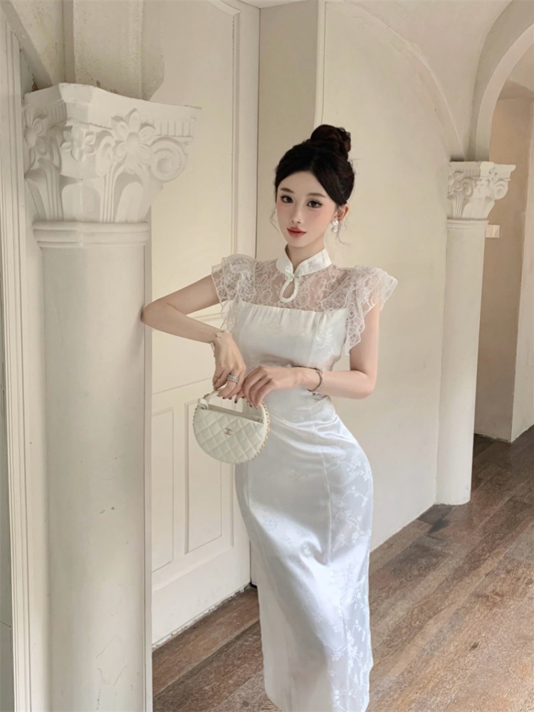 Lace slim boats sleeve dress