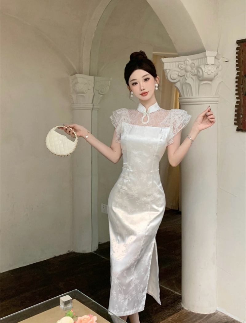 Lace slim boats sleeve dress