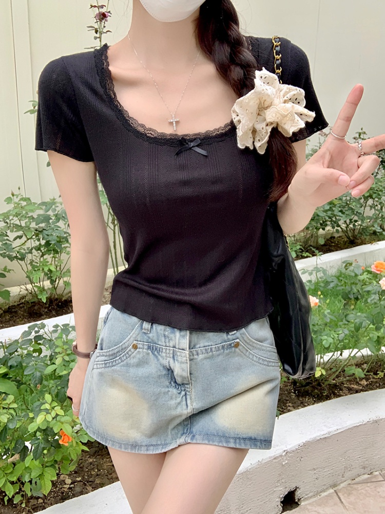 Summer enticement short T-shirt slim U-neck tops for women