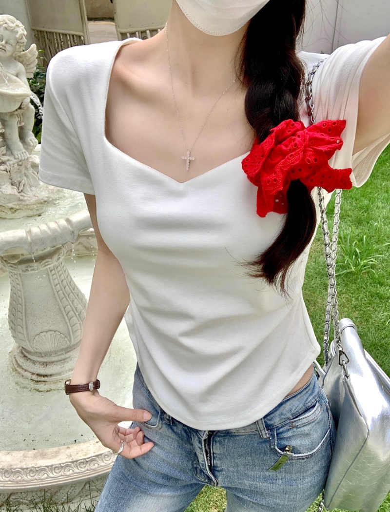 Slim summer T-shirt clavicle fold tops for women