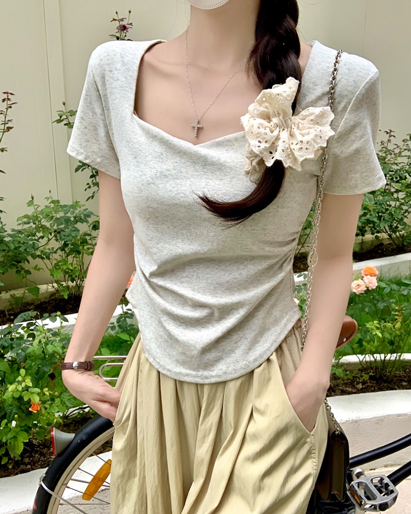 Slim summer T-shirt clavicle fold tops for women