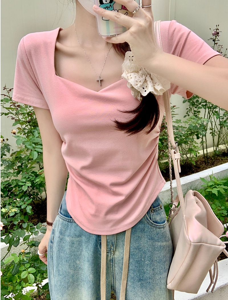 Slim summer T-shirt clavicle fold tops for women