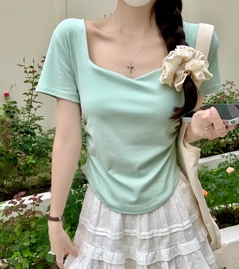 Slim summer T-shirt clavicle fold tops for women