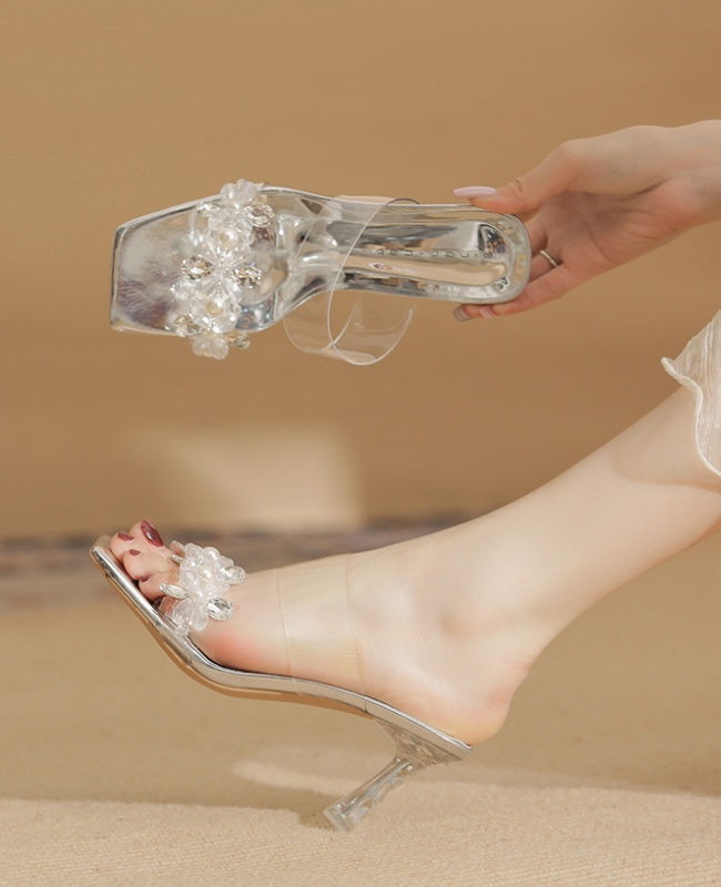 Fine-root crystal slippers high-heeled sandals for women