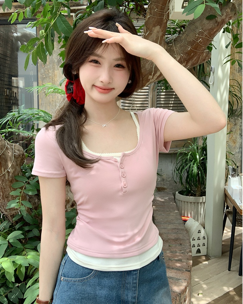 Short U-neck fold T-shirt summer slim tops for women