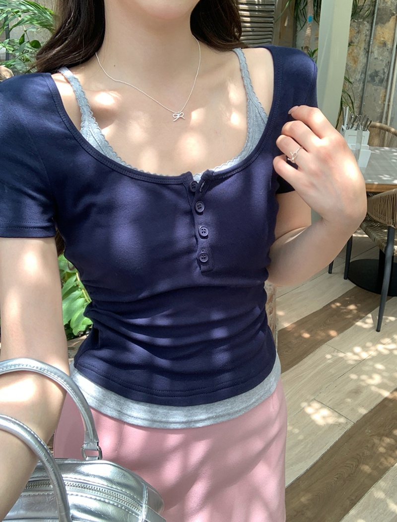 Short U-neck fold T-shirt summer slim tops for women