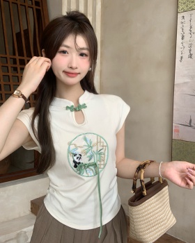 Chinese style embroidery boats sleeve tops fold summer T-shirt