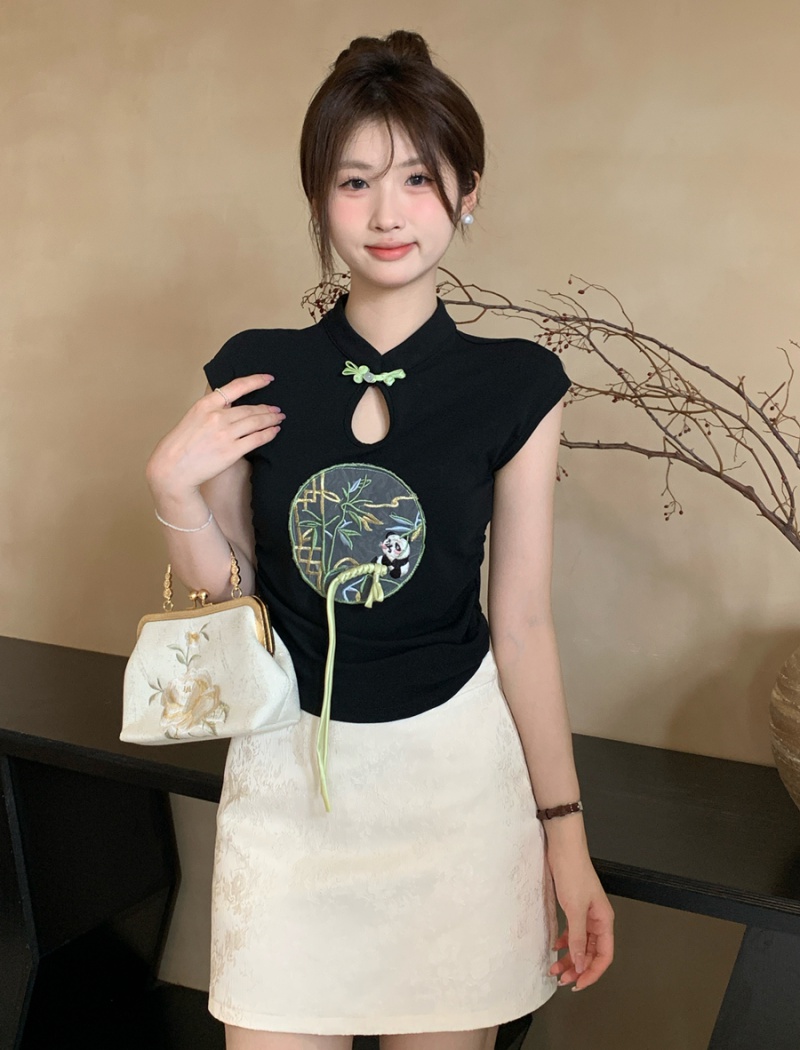 Chinese style embroidery boats sleeve tops fold summer T-shirt