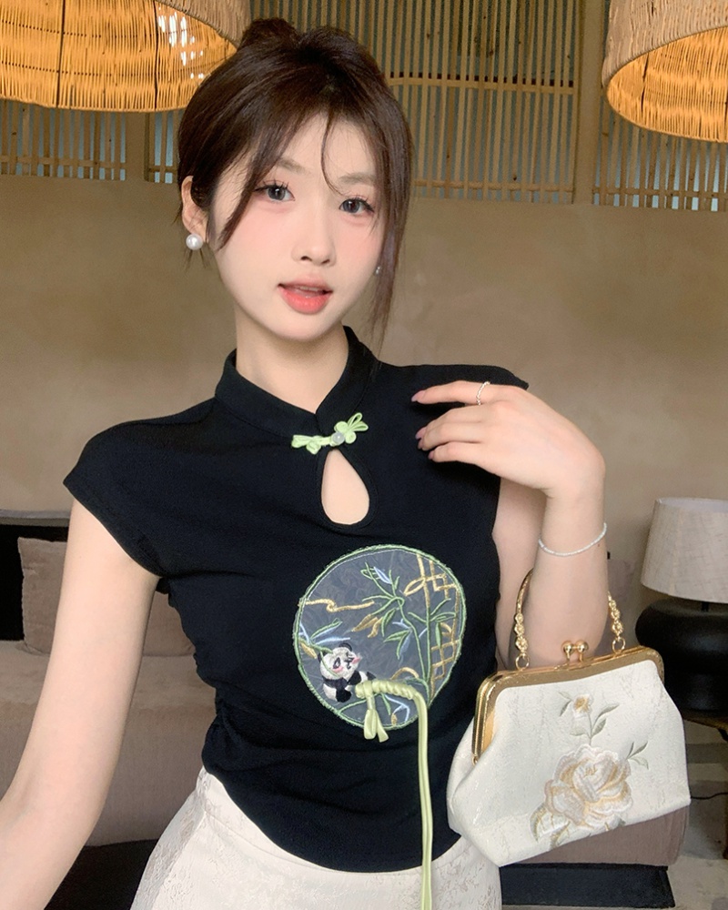 Chinese style embroidery boats sleeve tops fold summer T-shirt