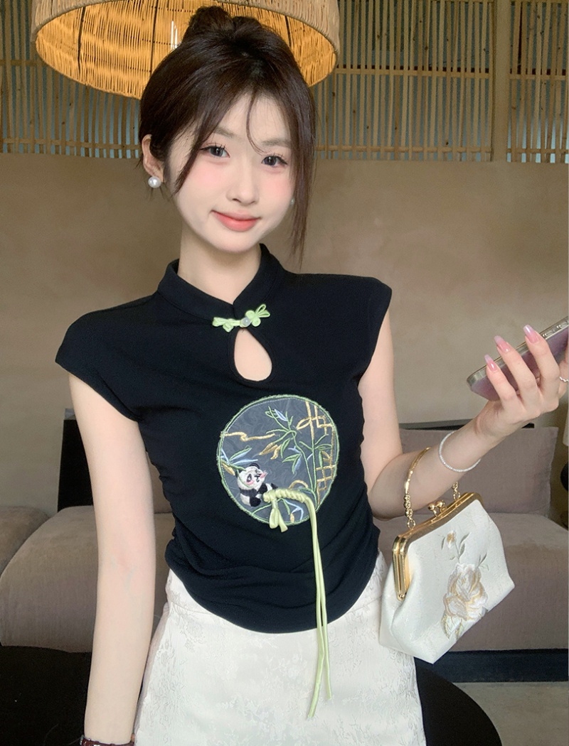 Chinese style embroidery boats sleeve tops fold summer T-shirt