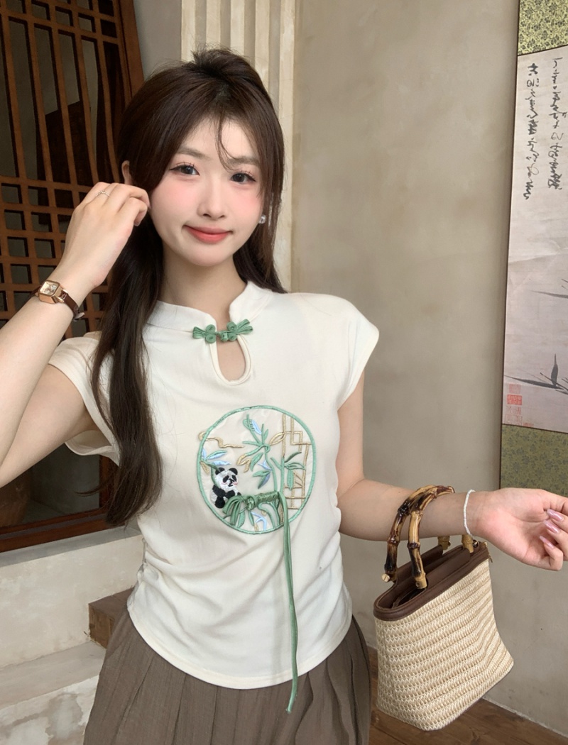 Chinese style embroidery boats sleeve tops fold summer T-shirt