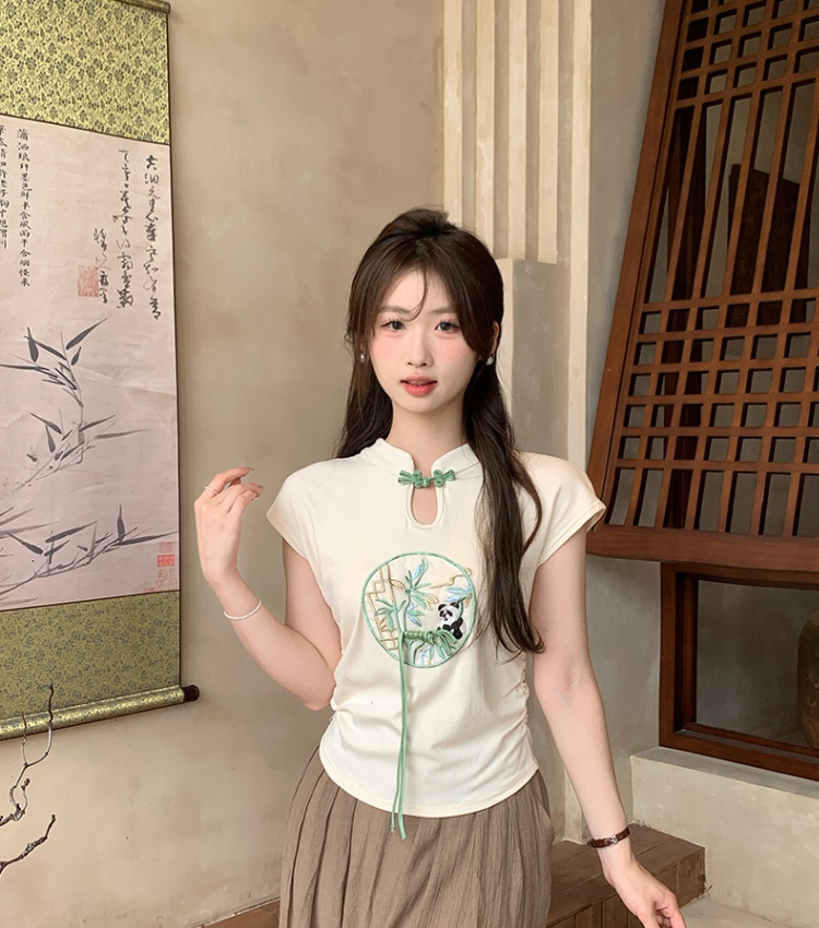 Chinese style embroidery boats sleeve tops fold summer T-shirt