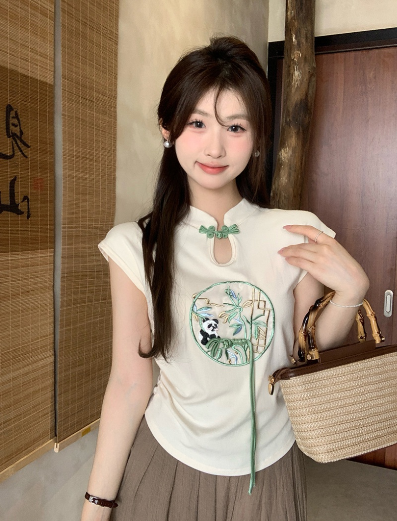 Chinese style embroidery boats sleeve tops fold summer T-shirt