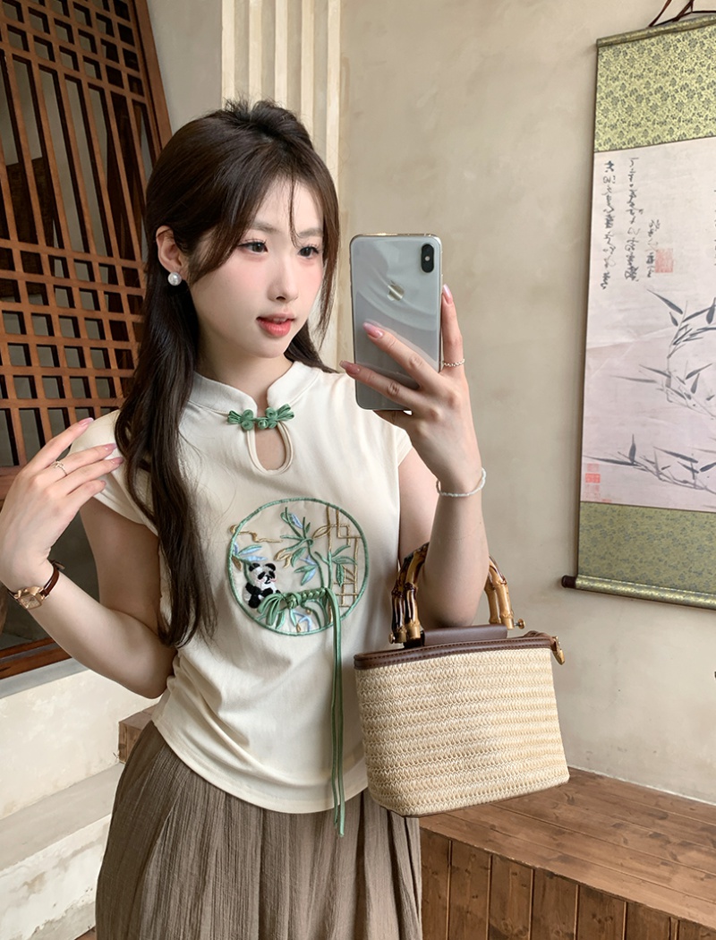 Chinese style embroidery boats sleeve tops fold summer T-shirt