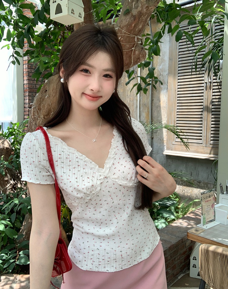 Summer V-neck short sleeve T-shirt lace short pink tops