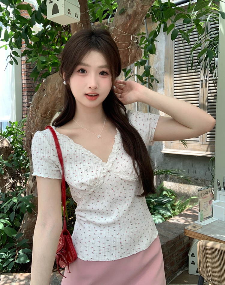 Summer V-neck short sleeve T-shirt lace short pink tops
