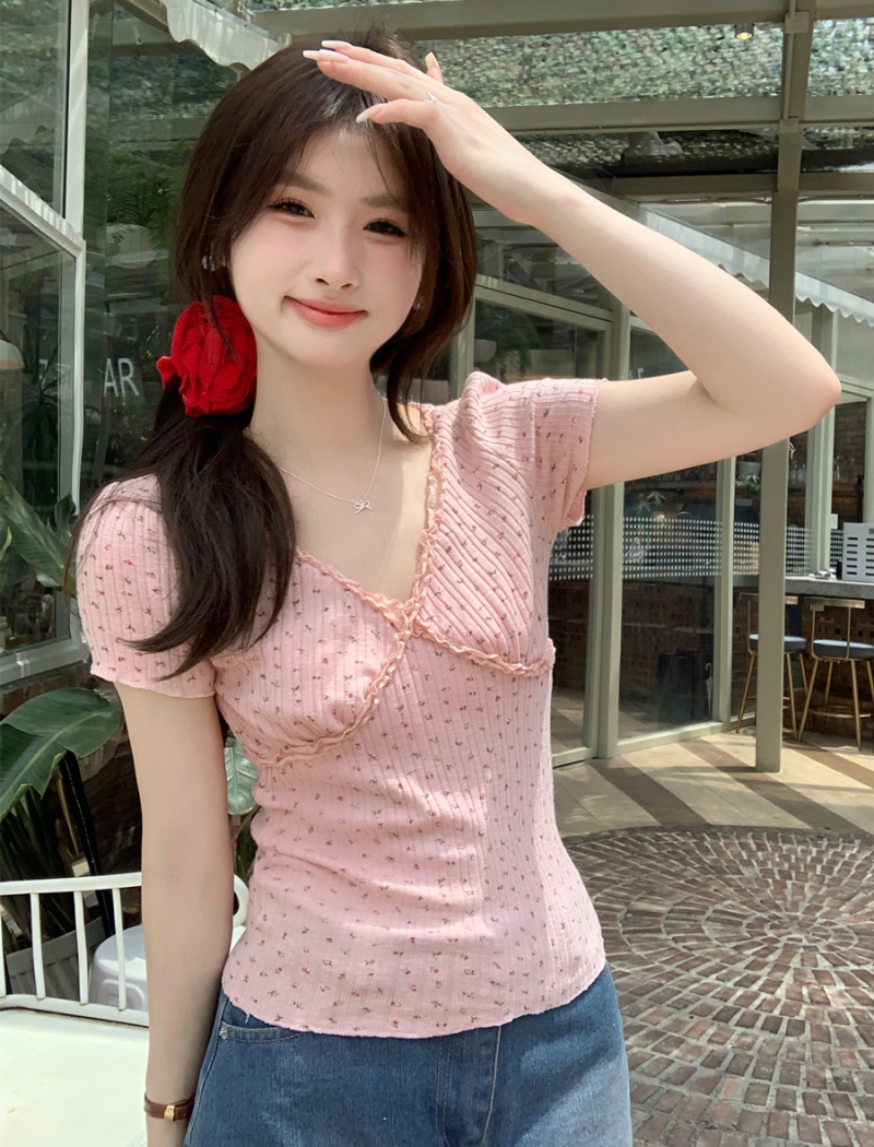 Summer V-neck short sleeve T-shirt lace short pink tops