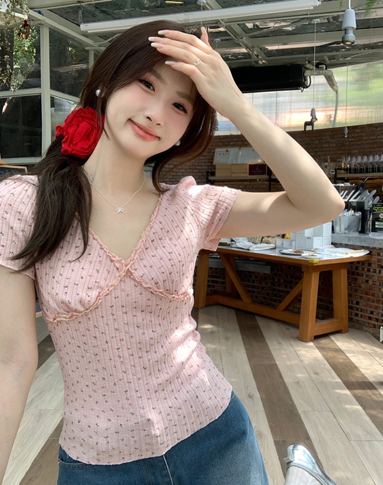 Summer V-neck short sleeve T-shirt lace short pink tops