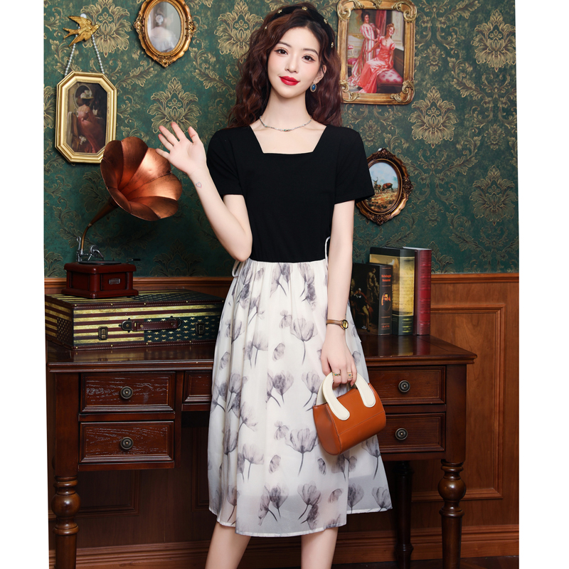 Fat A-line pinched waist slim summer dress for women