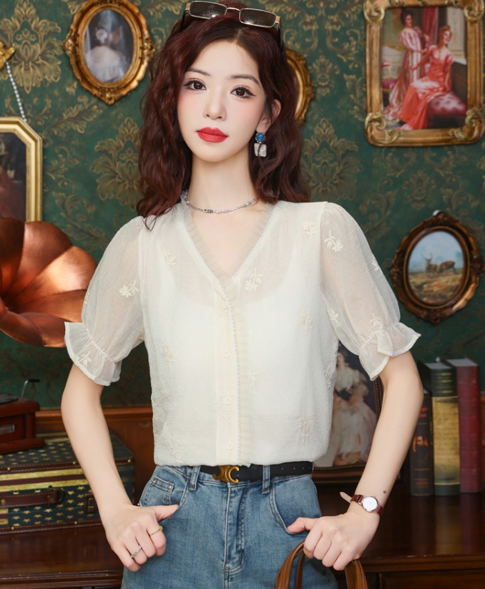 Summer V-neck puff sleeve tops lace chiffon niche shirt