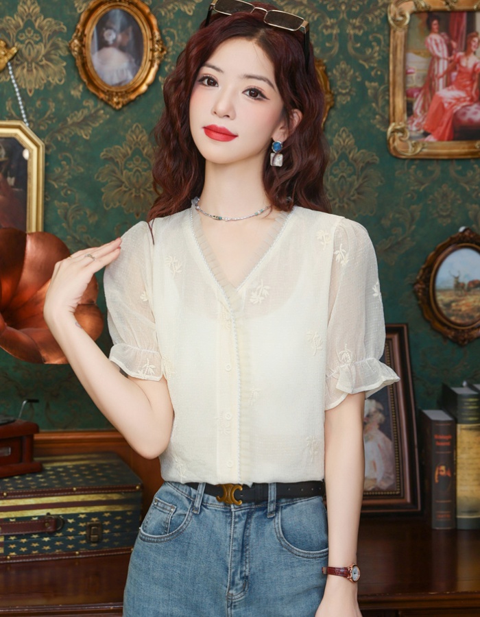 Summer V-neck puff sleeve tops lace chiffon niche shirt