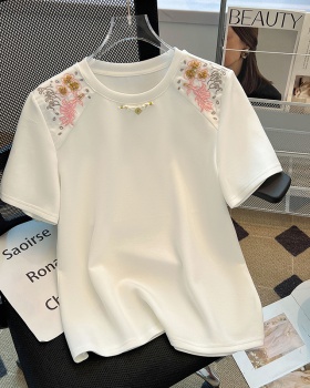 Chinese style splice embroidery tops summer pink T-shirt